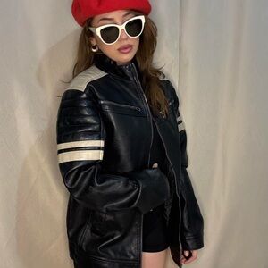 Chic Black and Cream Leather Jacket